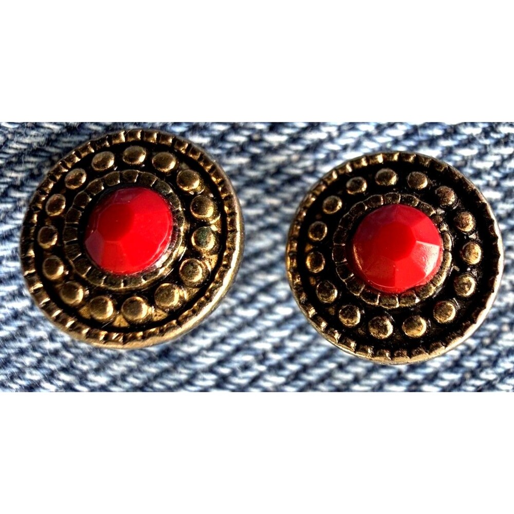 Vintage 1960s Western Red Cabochon Stud Earrings Southwestern Antique Brass